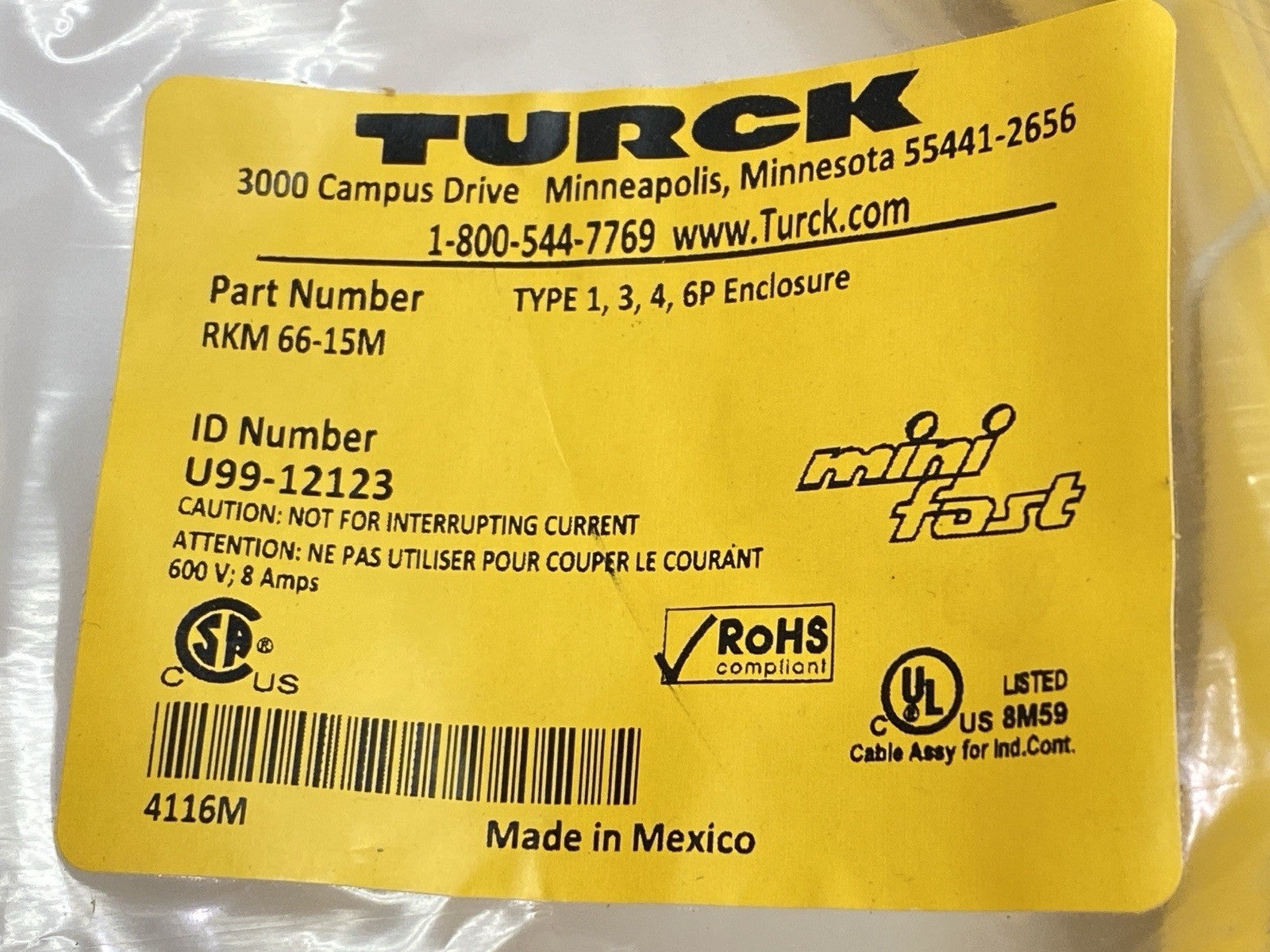 RKM 66-15M | Turck Mini Fast Actuator Sensor Cordset F 7/8" 6-Pin 15m U99-12123 - New - Maverick Industrial Sales