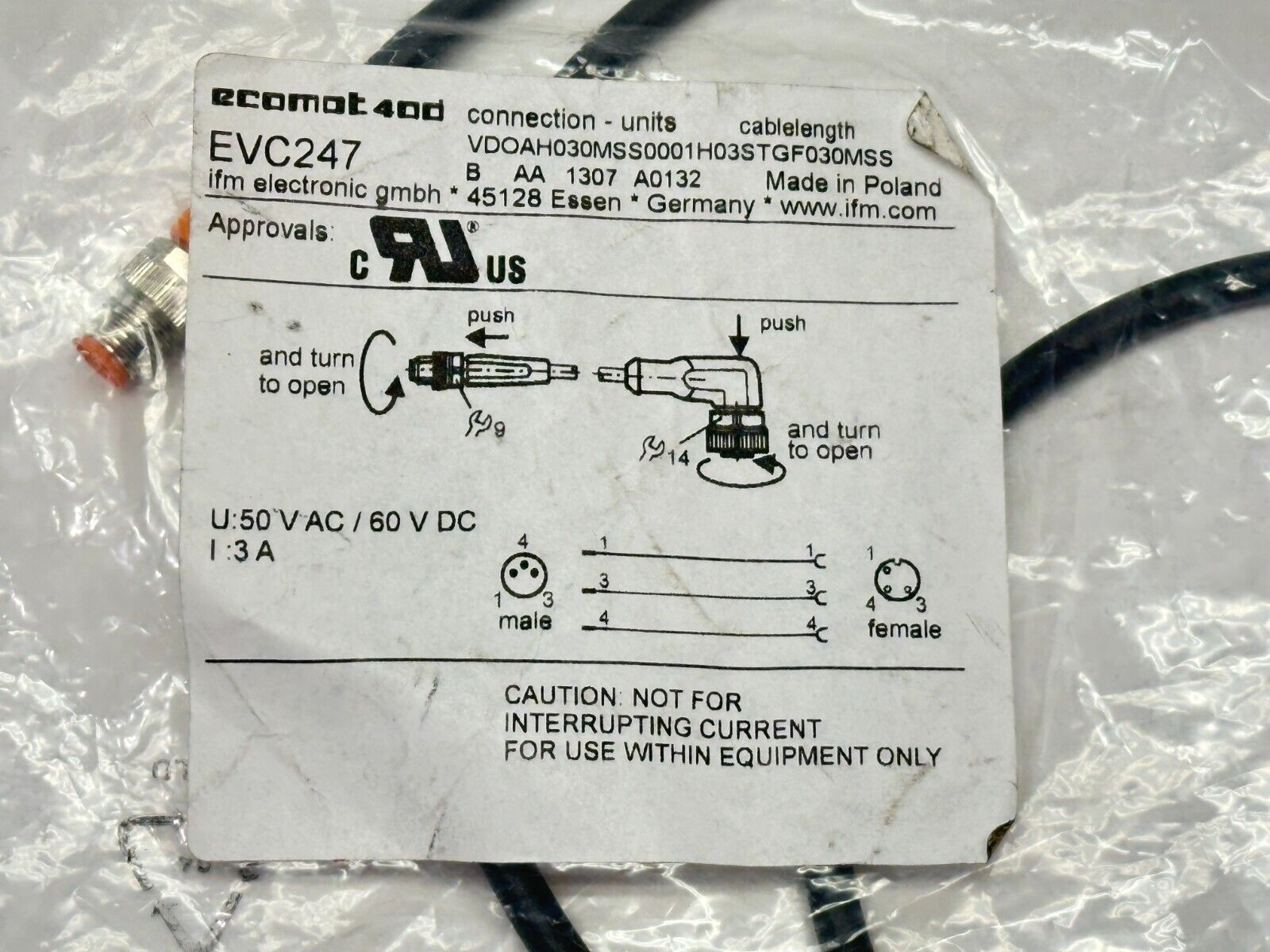ifm EVC247 Connection Cable M/F M8/M12 1m VDOAH030MSS0001H03STGF030MSS - Maverick Industrial Sales