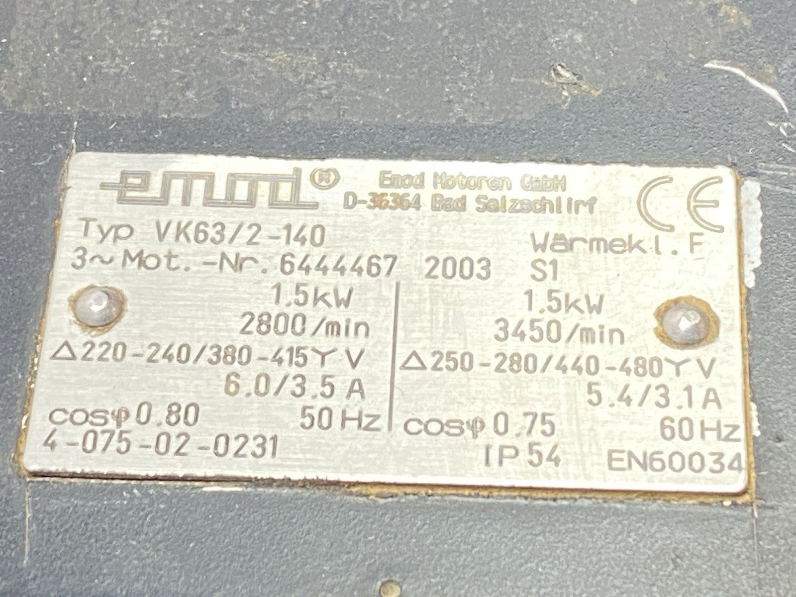 VK63/2-140 | Emod Spindle Servo Motor 2800/3450rpm 240/415V 280/480V 1.5kW 6444467 - Used - Maverick Industrial Sales