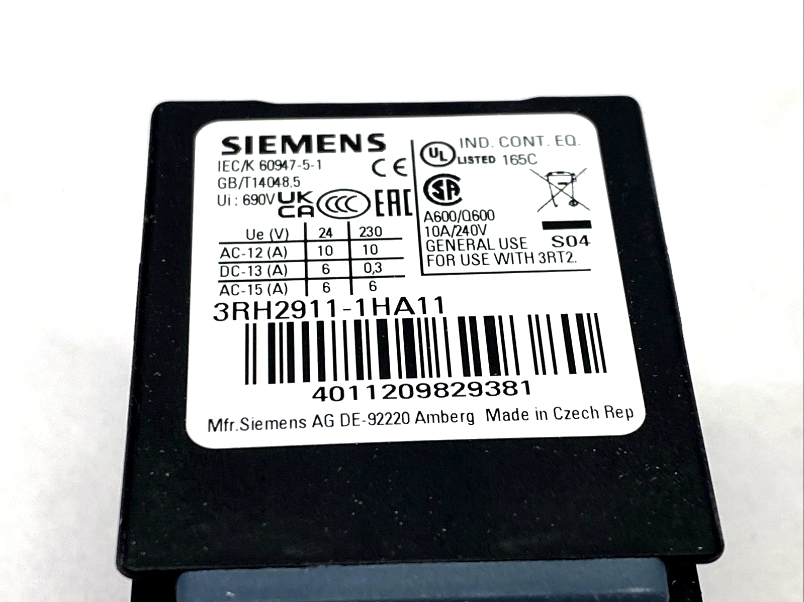 Siemens 3RH2911-1HA11 Auxiliary Switch Block 1 NO + 1 NC, For 3RT2 & 3RH2 - Maverick Industrial Sales