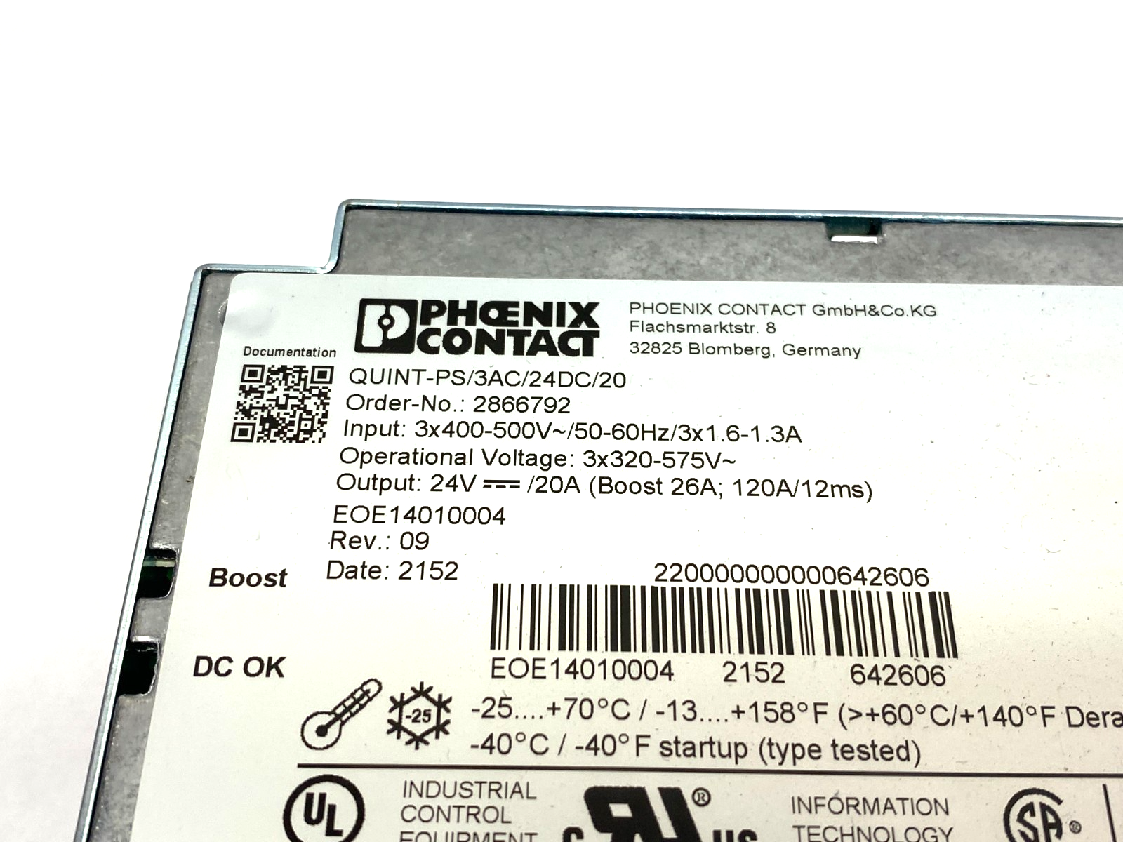 Phoenix Contact QUINT-PS/3AC/24DC/20 Primary-Switched Power Supply 2866792 - Maverick Industrial Sales