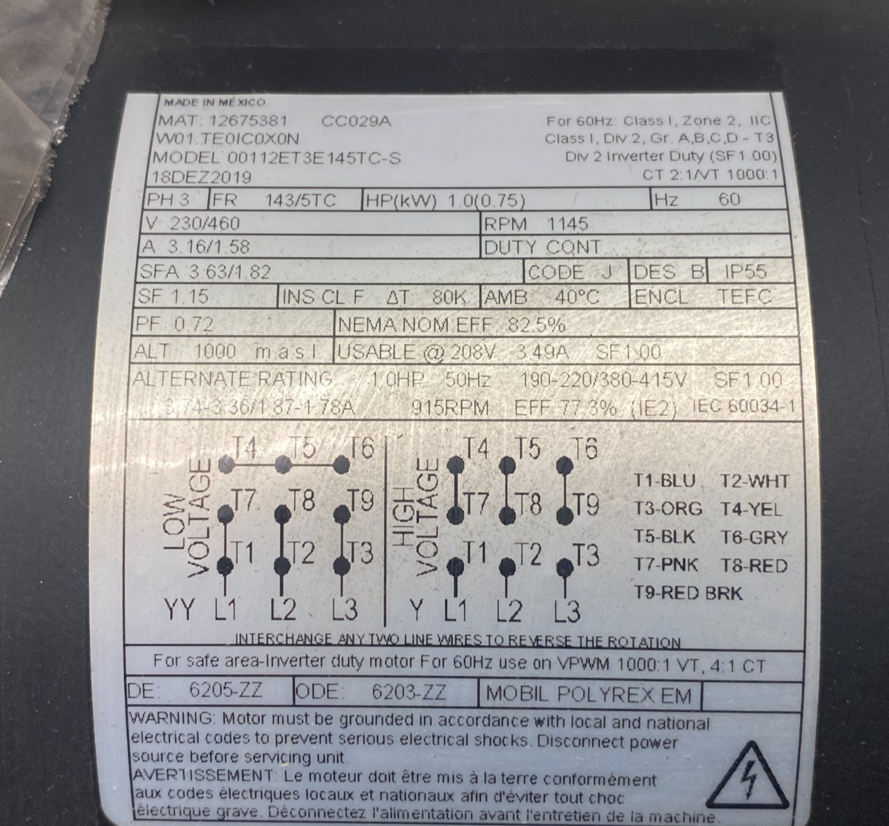 Weg W01.TE0IC0X0N Electric Motor 3-Phase 143/5TC Frame 1145rpm 00112ET3E145TC-S - Maverick Industrial Sales