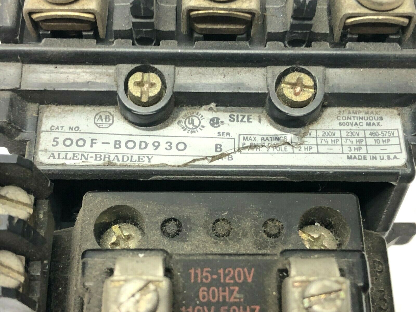 Allen Bradley 500F-BOD930 Ser. B Base Contactor 120VAC Coil 3P 27A 600VAC - Maverick Industrial Sales
