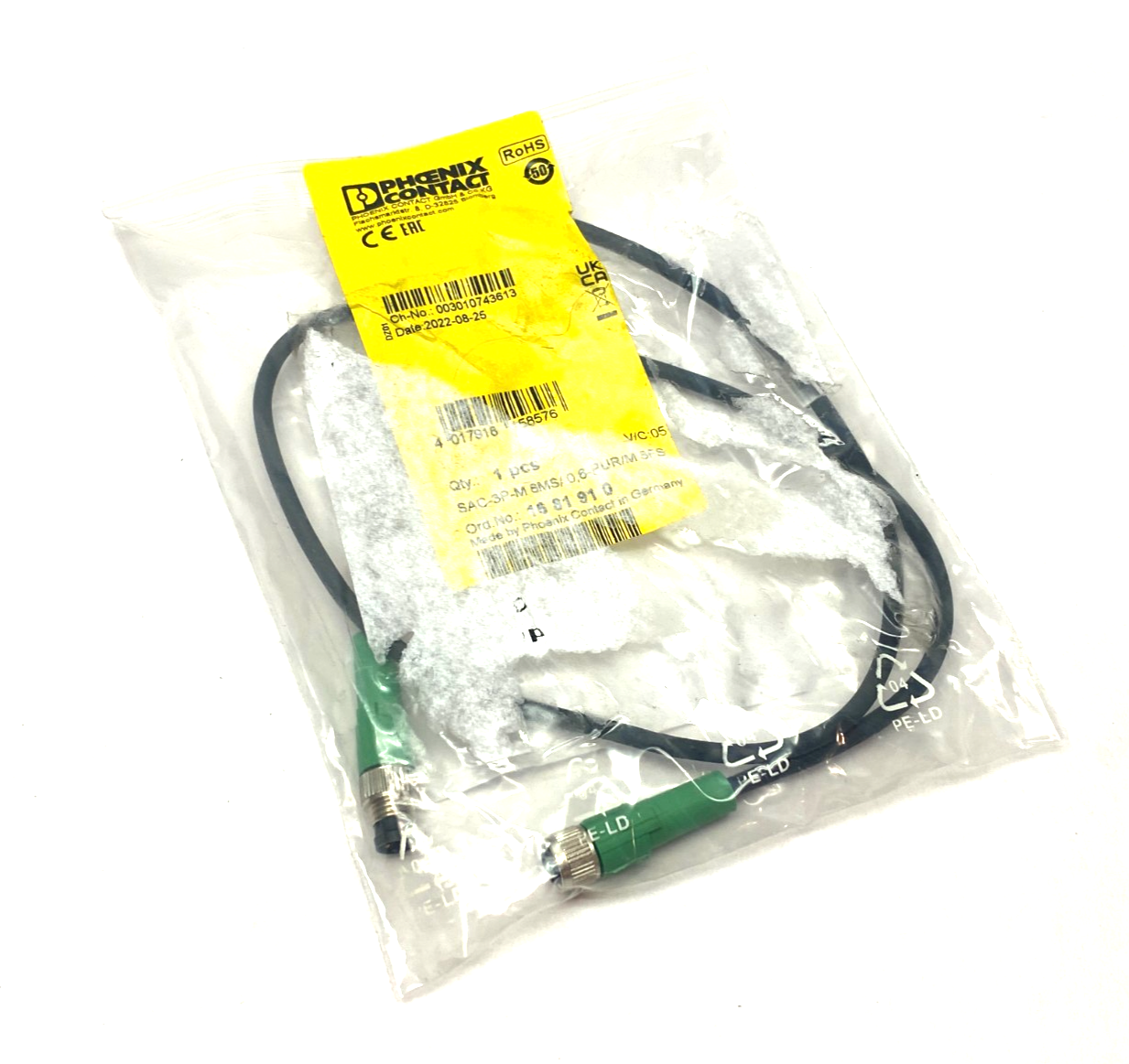 Phoenix Contact SAC-3P-M 8MS/0,6-PUR/M 8FS Double Ended Cordset 3-Pos. 1681910 - Maverick Industrial Sales