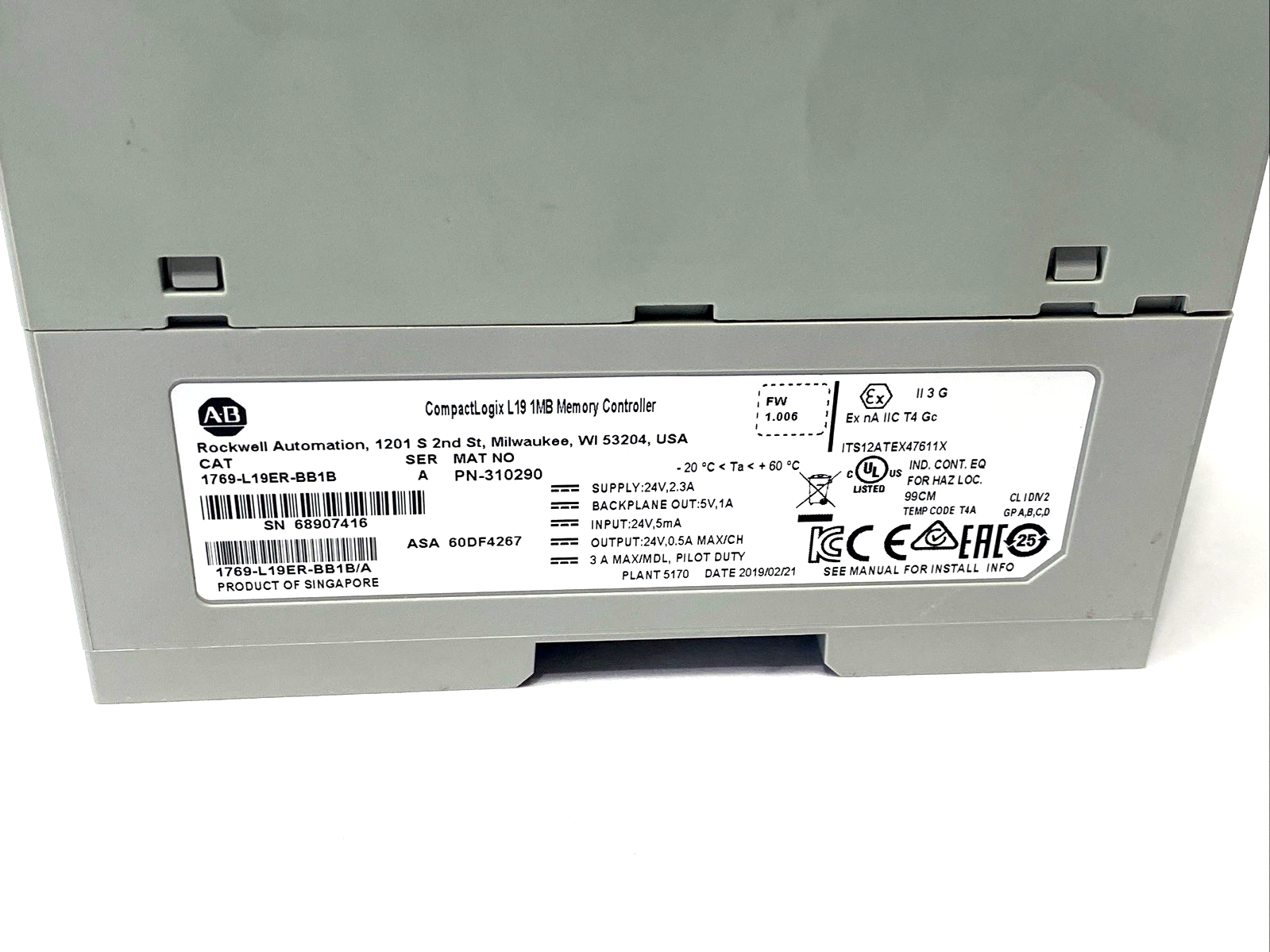 1769-L19ER-BB1B | Allen Bradley Ser. A CompactLogix L19 System Controller, 24 VDC - Used - Maverick Industrial Sales