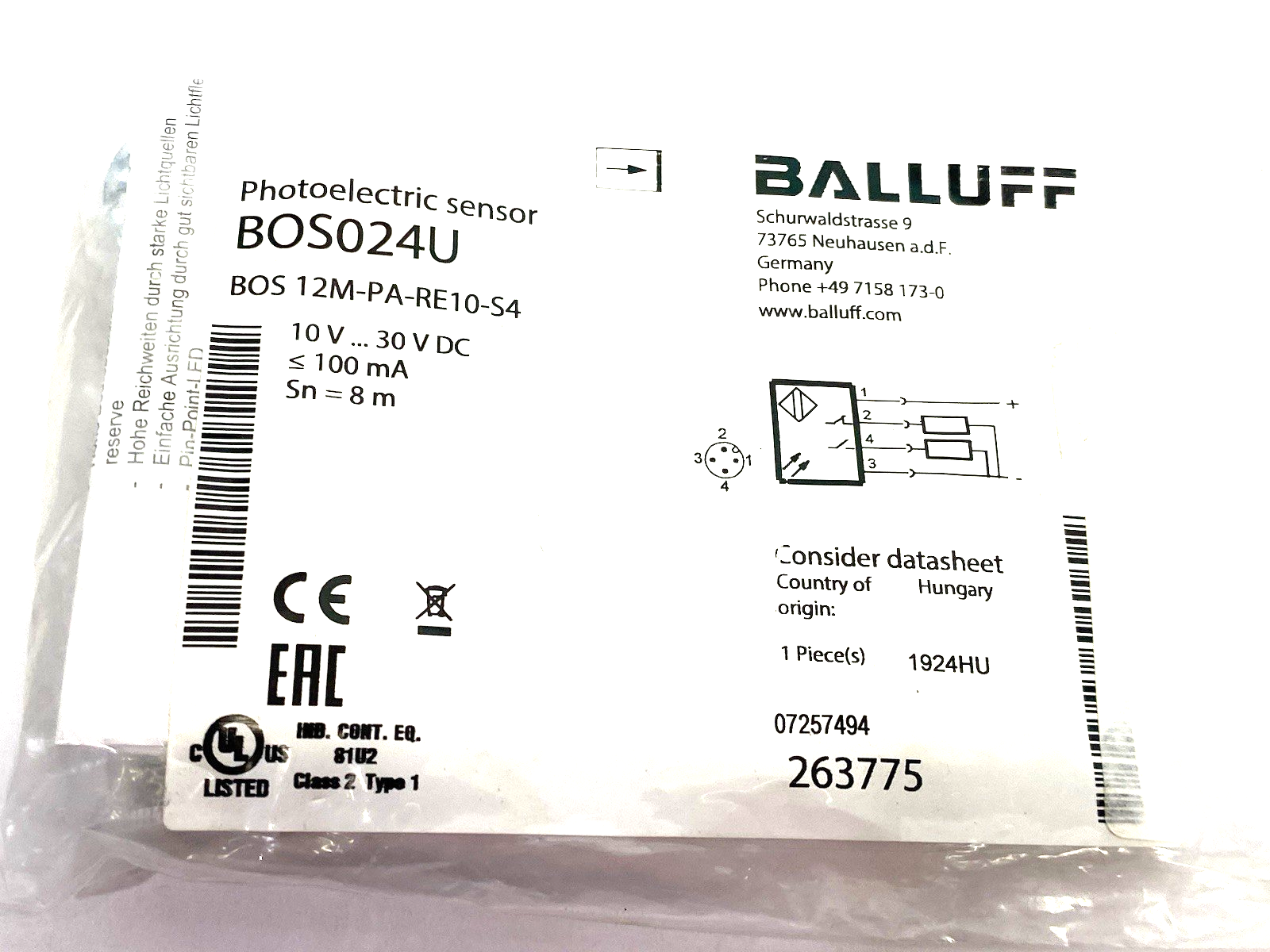 BOS024U | Balluff Cylindrical Through-beam Photoelectric Sensor BOS 12M-PA-RE10-S4 - New – Open box - Maverick Industrial Sales