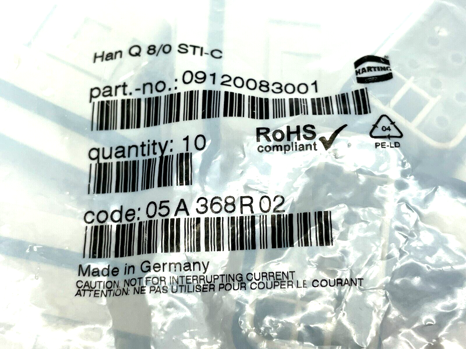 Harting Han Q 8/0 STI-C Compact Heavy Duty Connectors 09 12 008 3001 PKG OF 10 - Maverick Industrial Sales