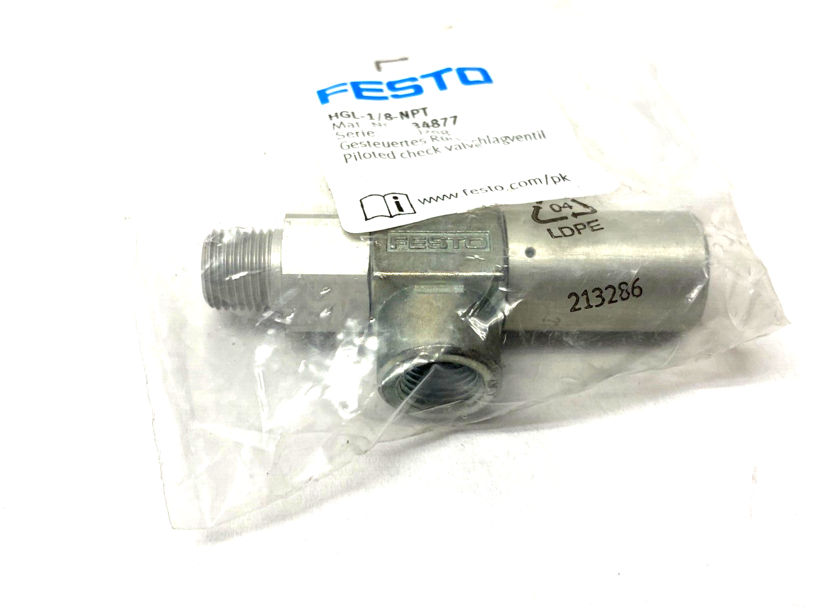 Festo HGL-1/8-NPT Piloted Check Valve J208, 34877 - Maverick Industrial Sales