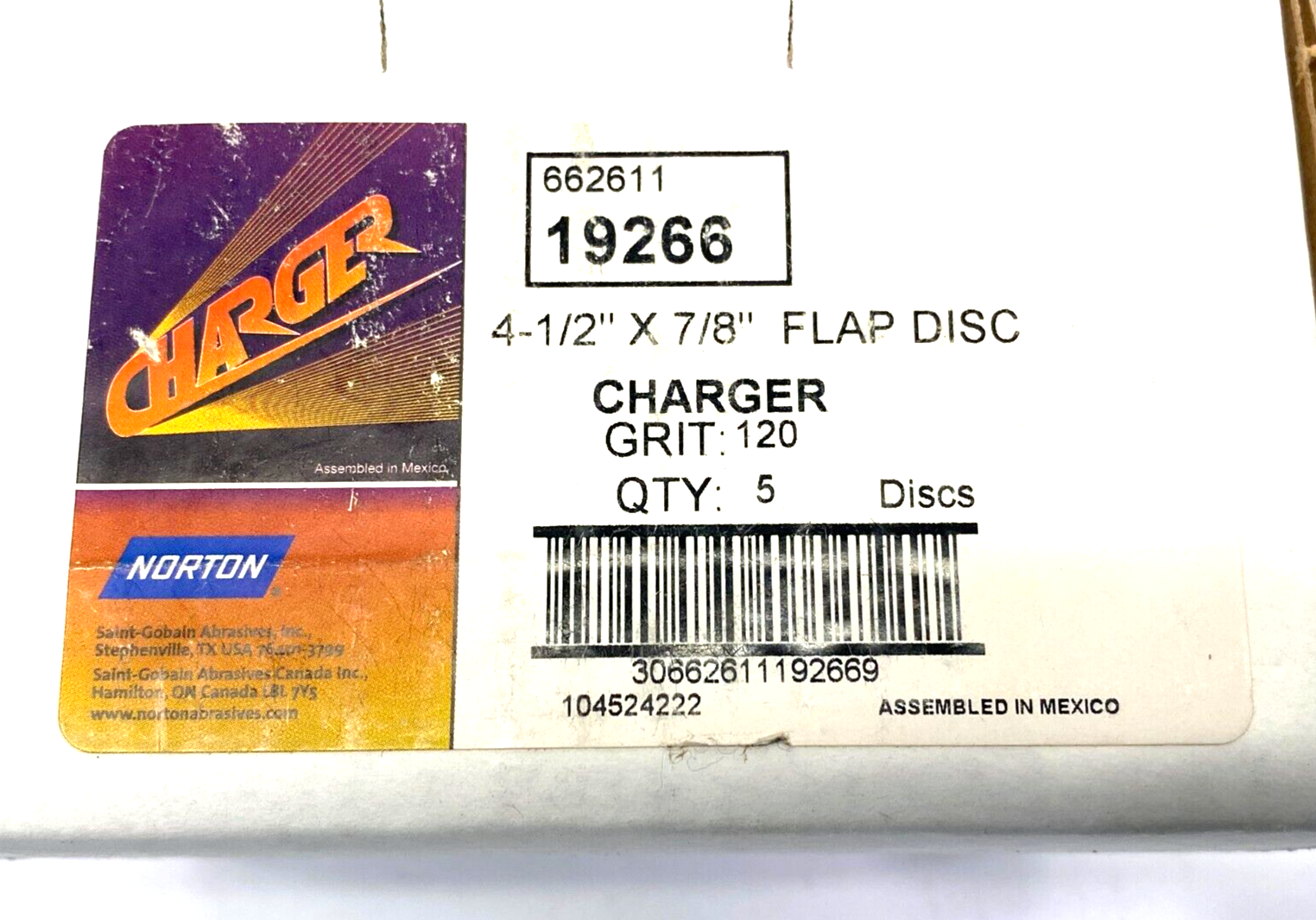 Norton Charger 662611-19266 Abrasive Flap Disc 4-1/2" x 7/8" 120 Grit BOX OF 5 - Maverick Industrial Sales