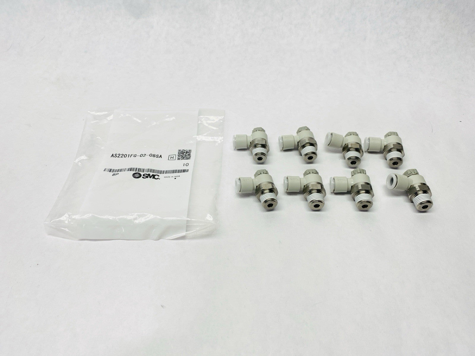 SMC AS2201FG-02-08SA Pneumatic Speed Control w/ Fitting 1/4 LOT OF 8 - Maverick Industrial Sales