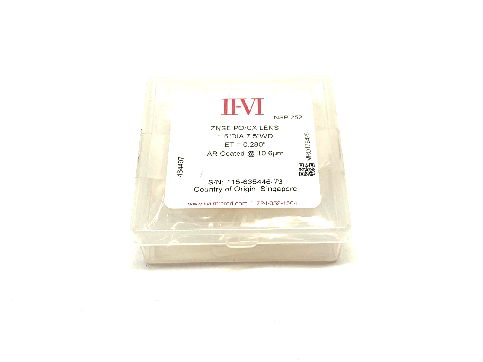 II-VI Infrared 464497 ZNSE PO/CX Laser Lens 1.5" Dia. 7.5" Wide ET=0.280" - Maverick Industrial Sales