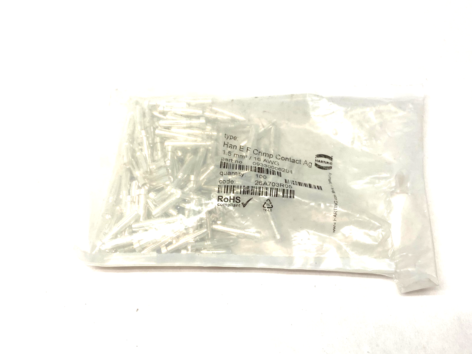Harting 09330006204 Female Han E F Crimp Contact Ag 1.5 mm²/ 16 AWG PKG OF 100 - Maverick Industrial Sales
