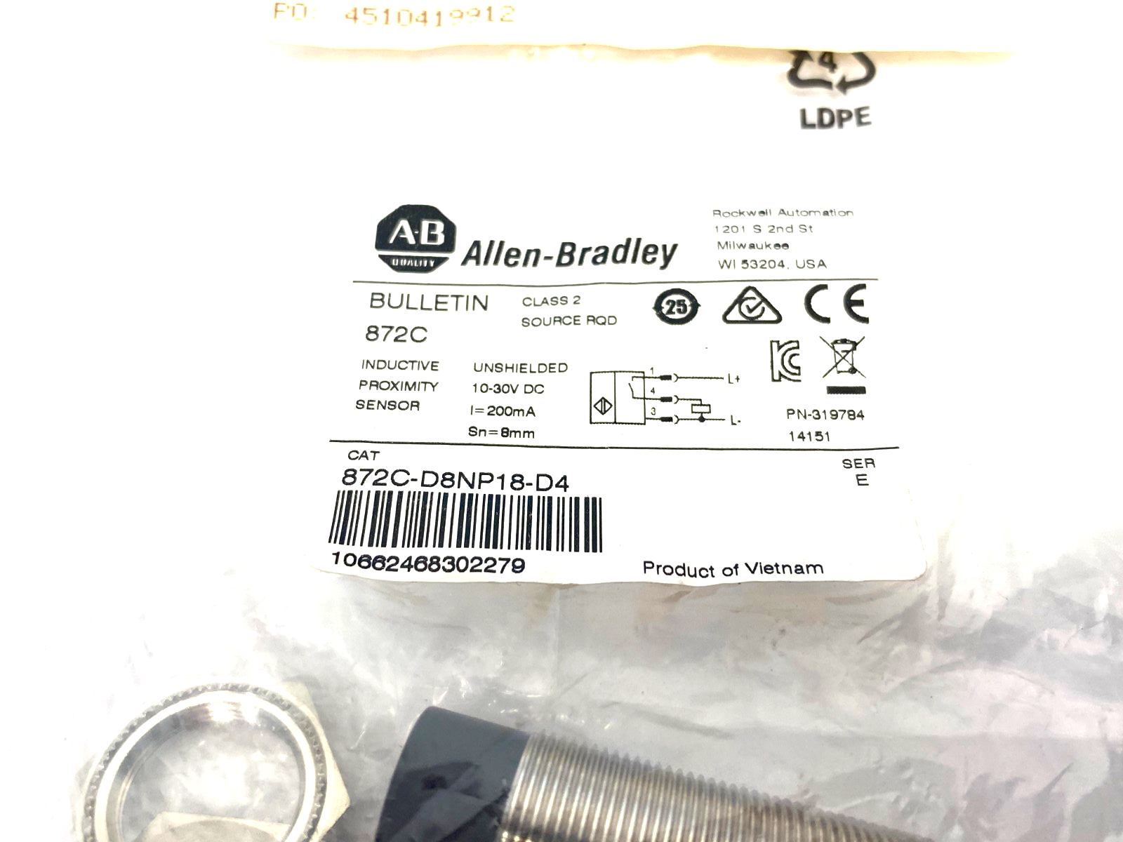 Allen Bradley 872C-D8NP18-D4 Ser. E 18mm Inductive Proximity Sensor 10-30VDC - Maverick Industrial Sales