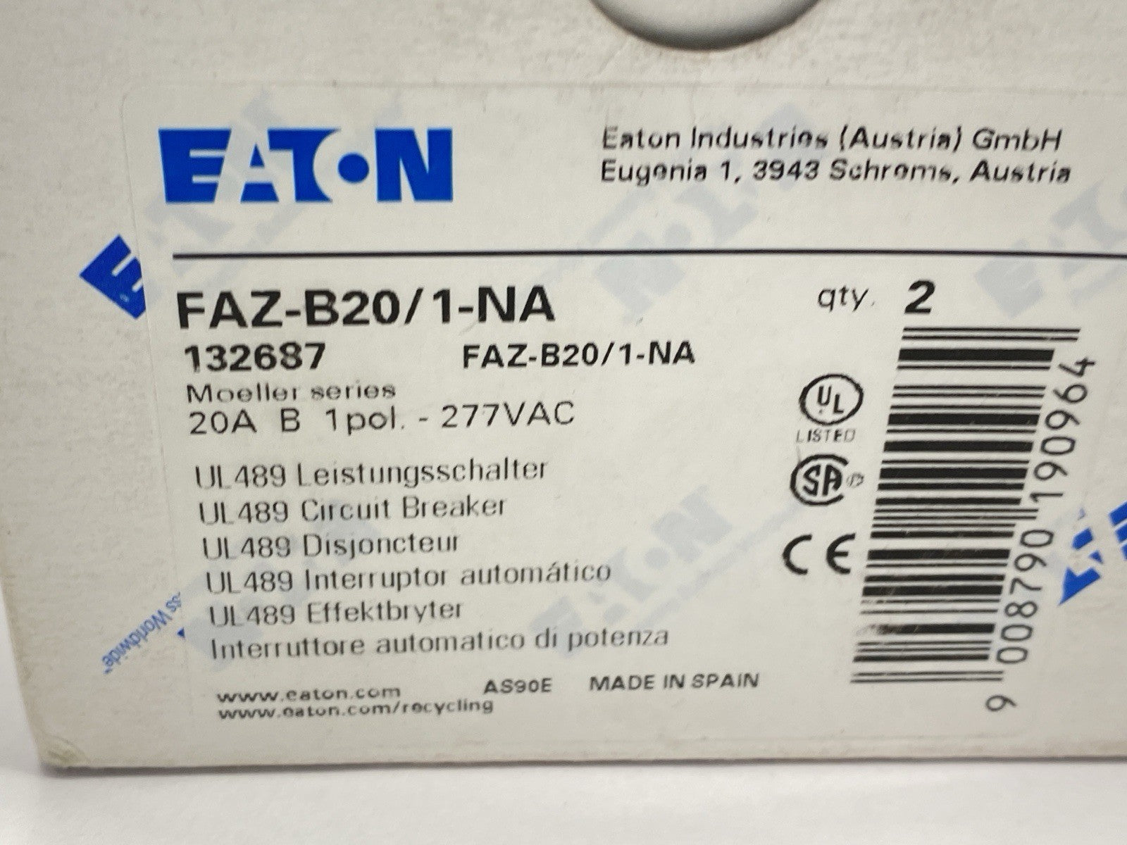 Eaton FAZ-B20/1-NA Circuit Breaker 1-Pole 20A 277VAC 132687 - Maverick Industrial Sales