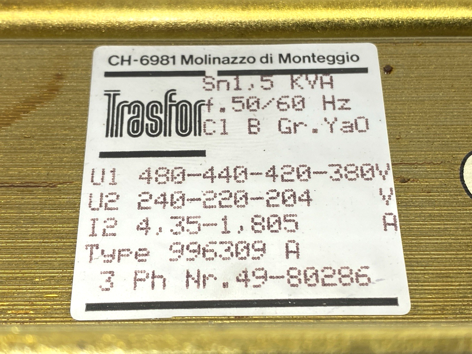 49-80286 | Trasfor Transformer 3-Phase Type 996 309 A - Used - Maverick Industrial Sales