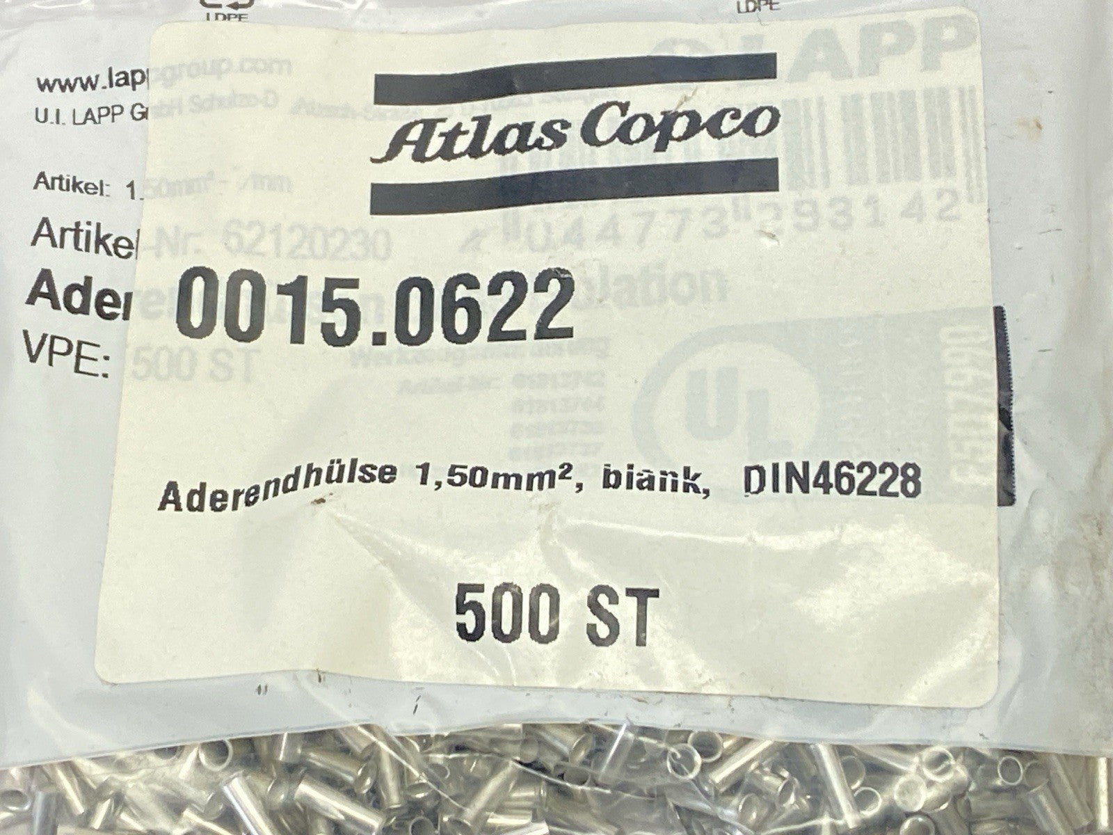 Atlas Copco 0015.0622 SPin Sleeve 1.5mm Blank LOT OF 1300 - Maverick Industrial Sales