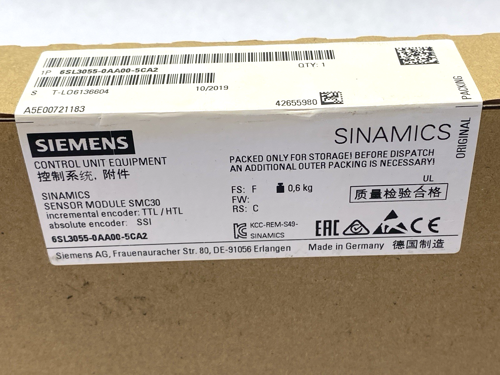 Siemens 6SL3055-0AA00-5CA2 SINAMICS Sensor Module SMC30 Control Unit - Maverick Industrial Sales