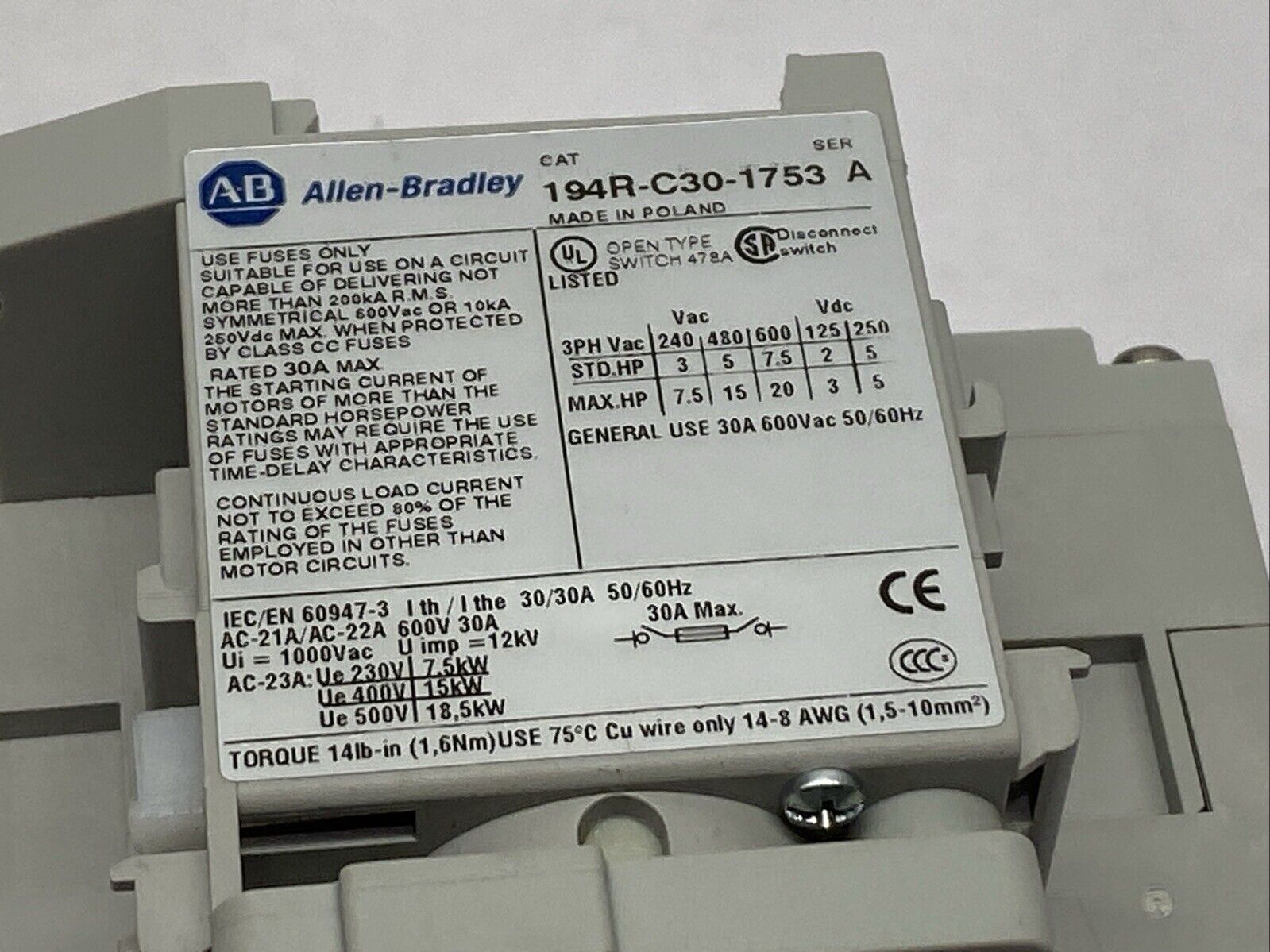 Allen Bradley 194R-J60-1753 Ser A Disconnect Switch Class J 60A 600V w/ 194R-N2 - Maverick Industrial Sales