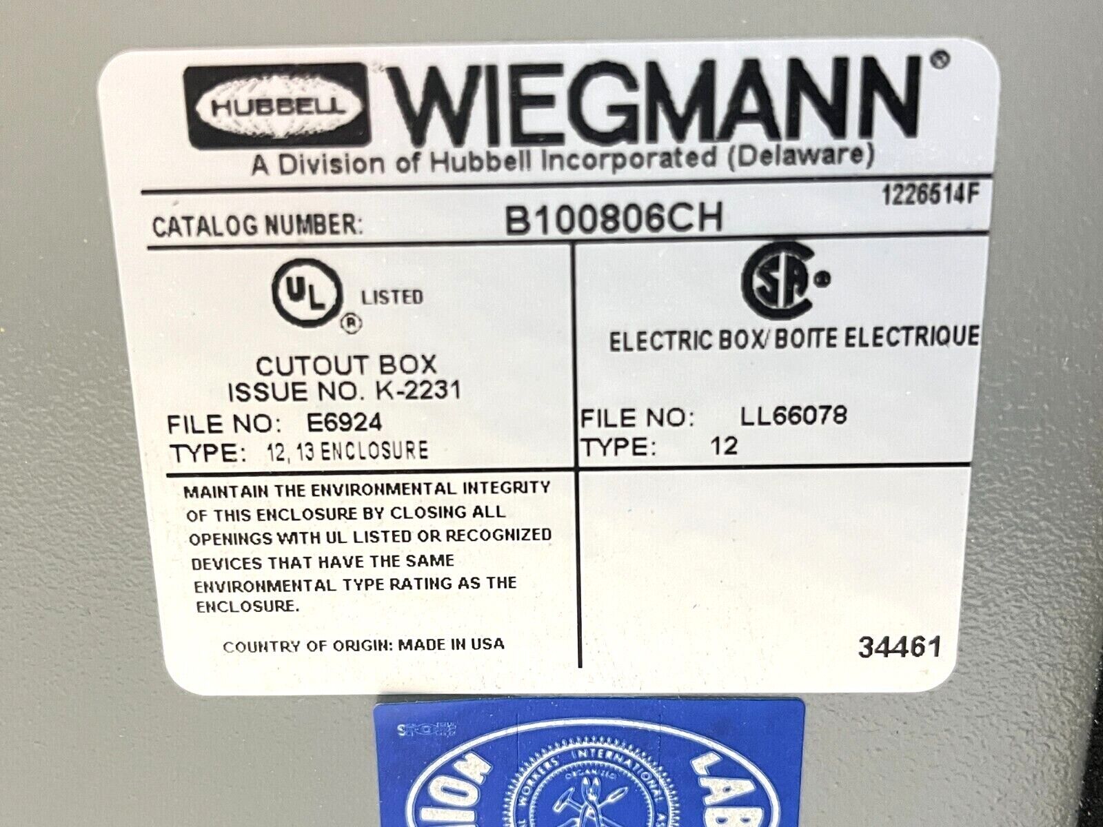 Hubbell Wiegmann B100806CH Enclosure 10x8x6" w/ AMP 211771-1 and Terminal Blocks - Maverick Industrial Sales