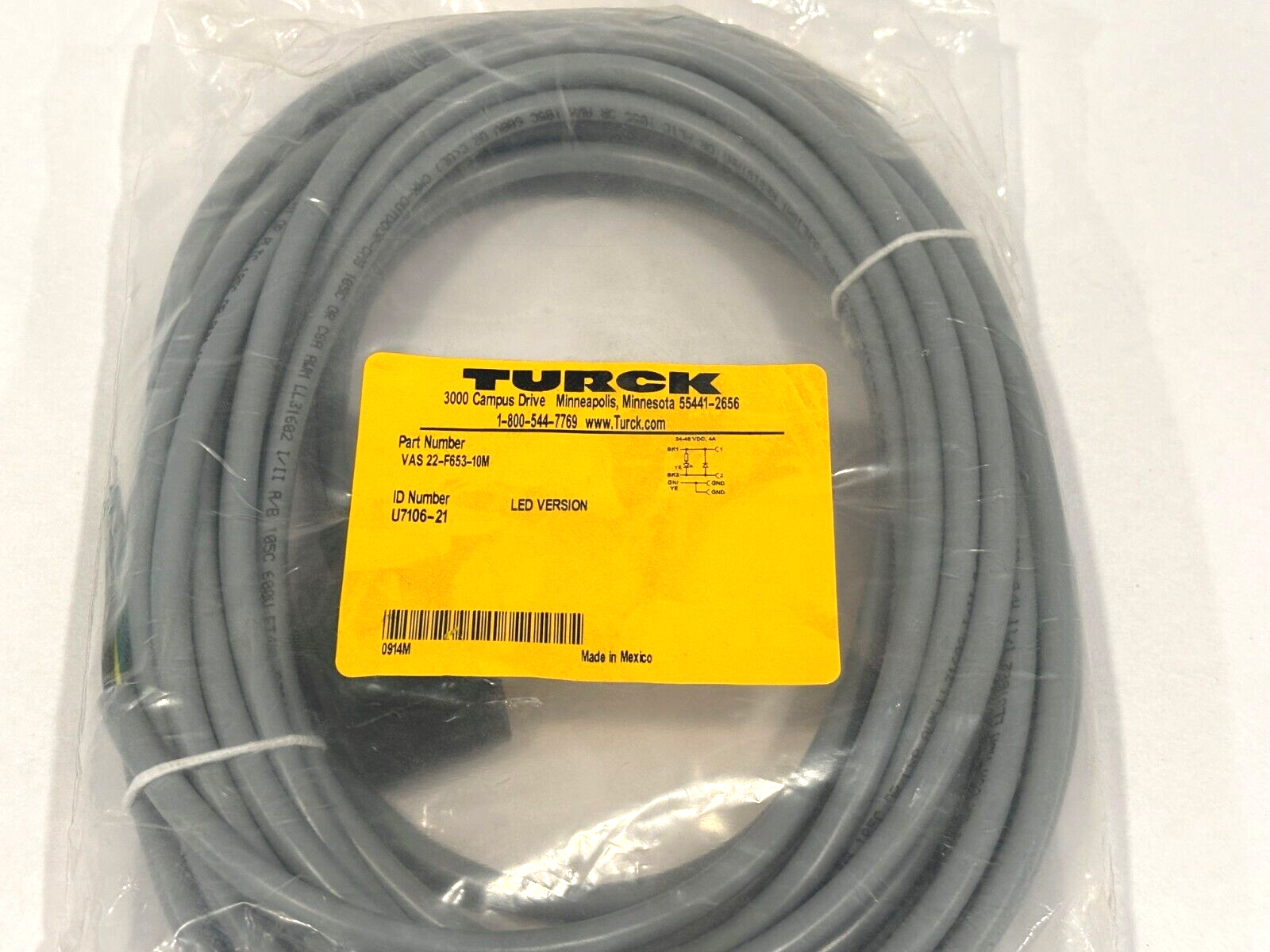 Turck VAS 22-F653-10M Valve Connector Cordset, LED Version, U7106-21, 0914M - Maverick Industrial Sales