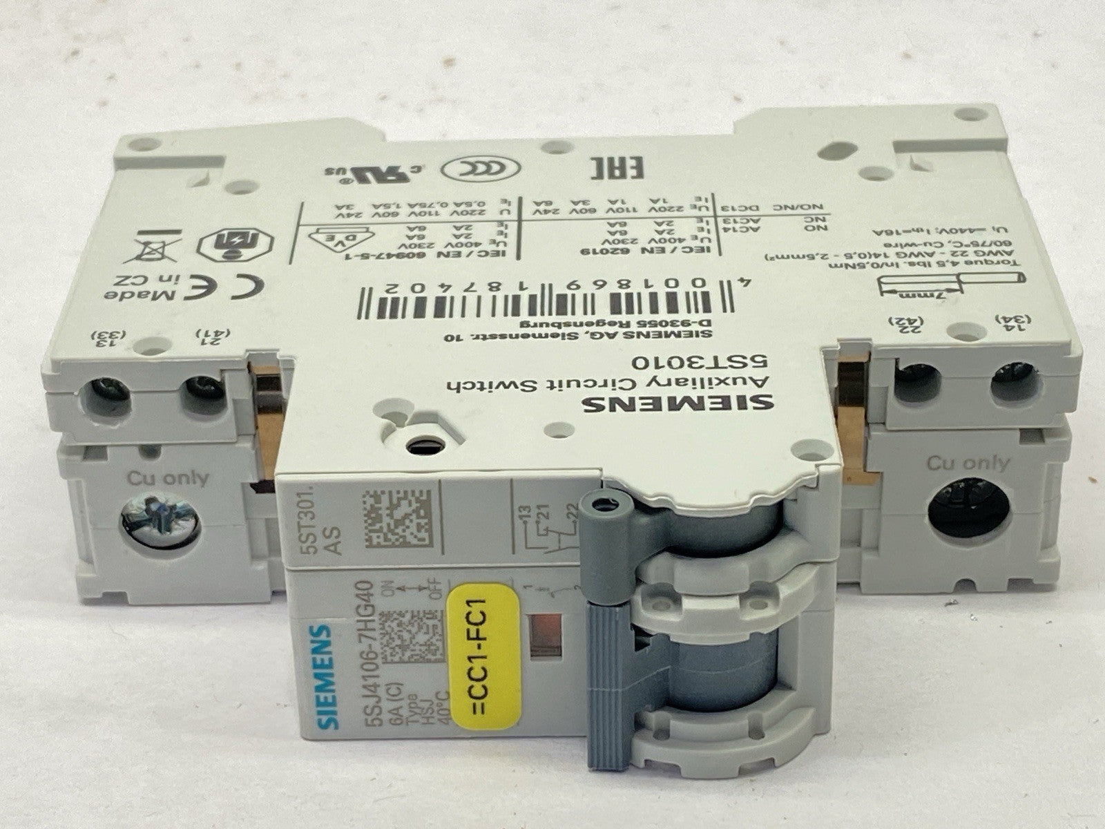 Siemens 5SJ4106-7HG40 Miniature Circuit Breaker 240V 1P 6A w/ 5ST3010 Switch - Maverick Industrial Sales