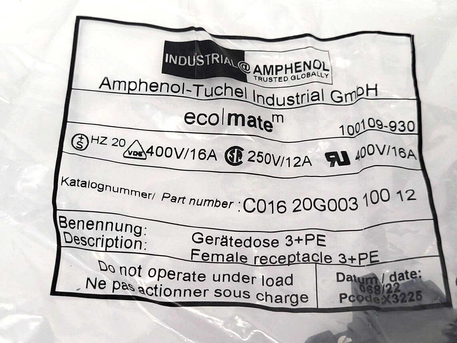 Amphenol-Tuchel Industrial C016 20G003 100 12 Ecolmate Female Receptacle 3+PE - Maverick Industrial Sales