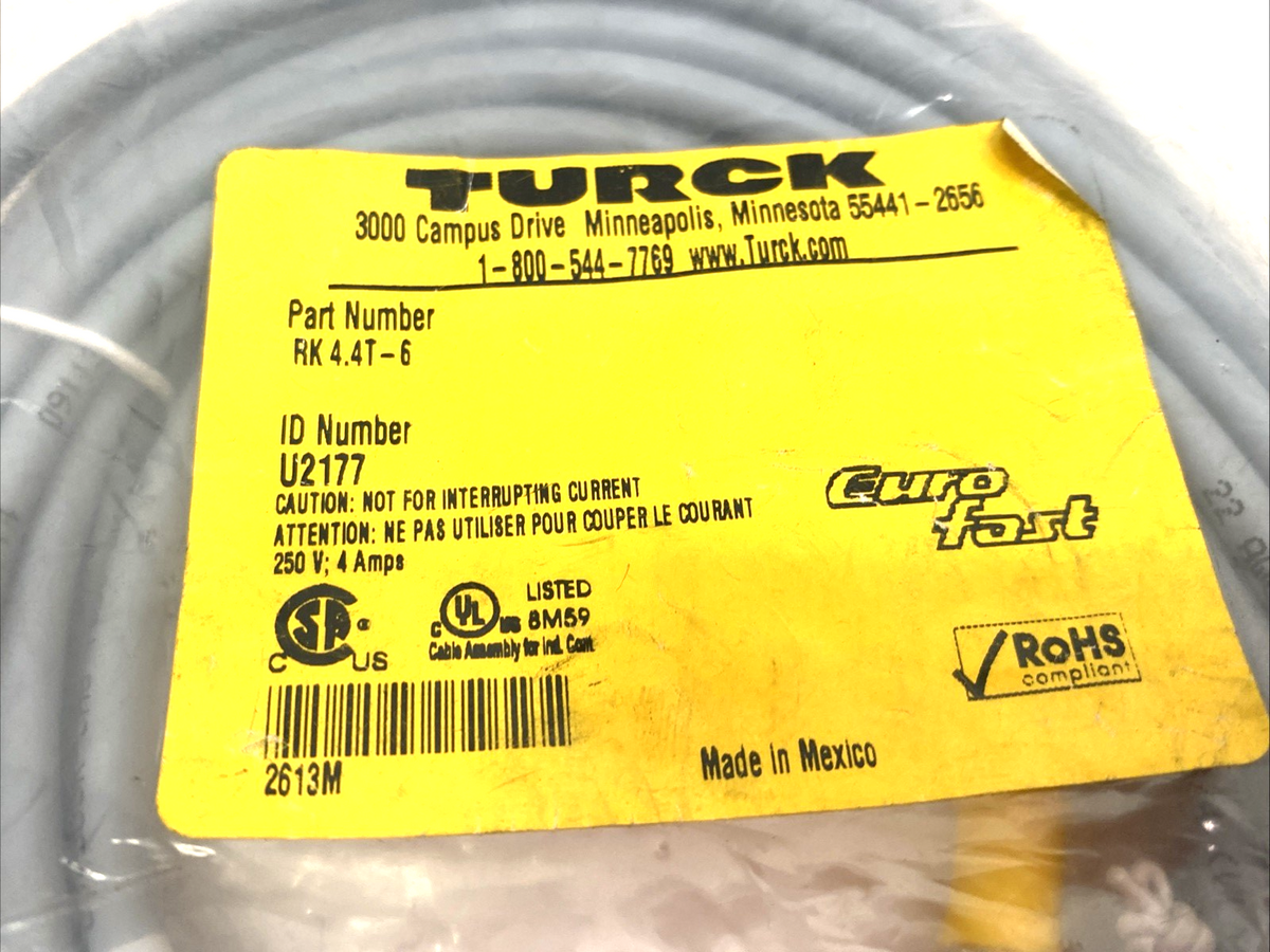 Turck RK 4.4T-6 Eurofast Single Ended Connection Cable M12 4-Pin Female U2177 - Maverick Industrial Sales