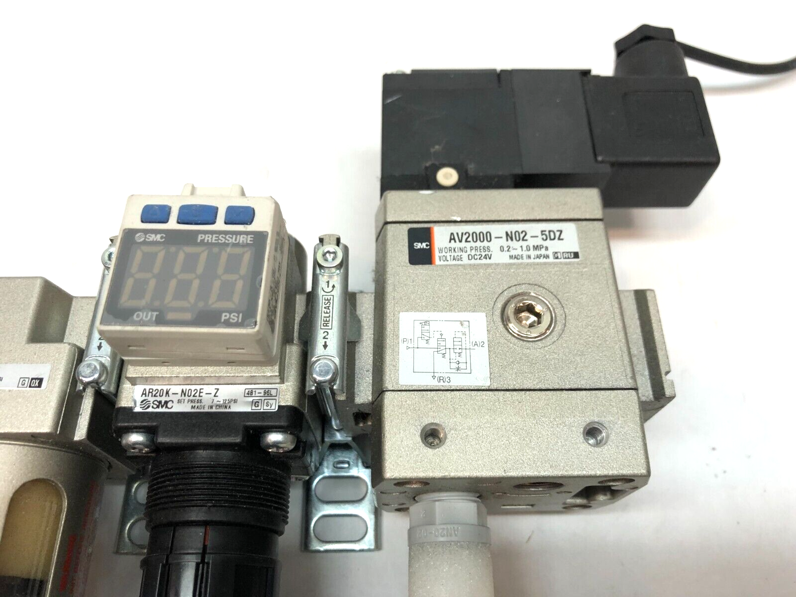 SMC Pneumatic Filter Regulator Assembly, AF20-N02-CZ, AV2000-N02, ISE35-R-65-P - Maverick Industrial Sales