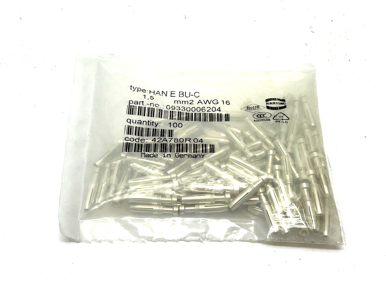 Harting Han E BU-C Crimp Contact Ag 1.5 mm²/ 16 AWG 09 33 000 6204 PKG OF 100 - Maverick Industrial Sales