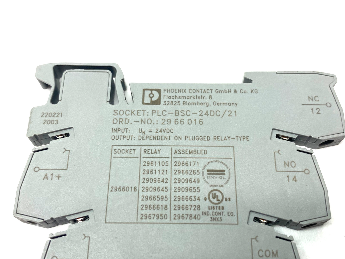 PLC-BSC-24DC/21, 2966016, 2961105,REL-MR- 24DC/21 | Phoenix Contact PLC-BSC-24DC/21 Plug-In Relay Base 2966016 w/ 2961105 Relay - Used - Maverick Industrial Sales