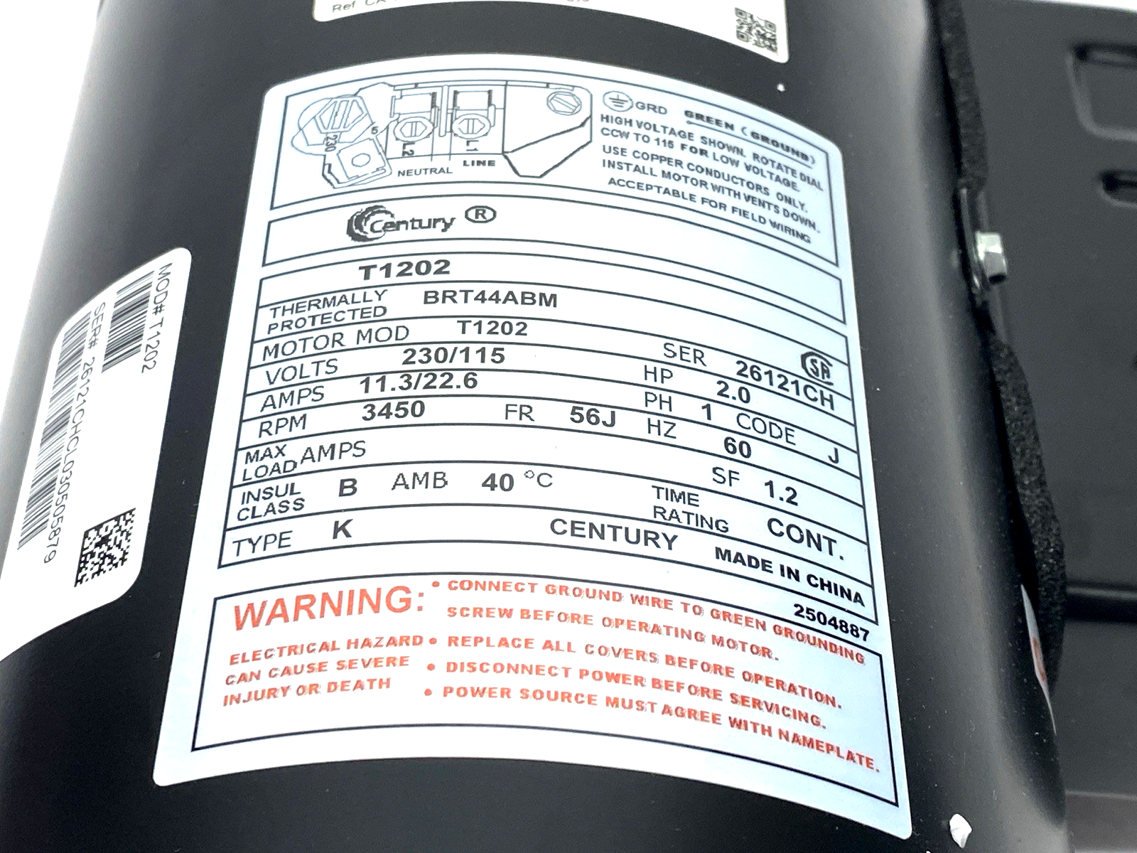 T1202 | Century Jet Pump Motor 2 HP, 1PH 60Hz, 230/115V, 3600RPM, 56J Frame - New – Open box - Maverick Industrial Sales