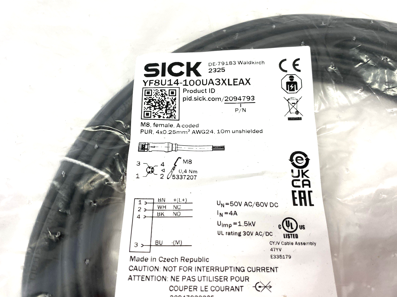 Sick YF8U14-100UA3XLEAX Sensor/Actuator Connection Cable M8 4-Pin 2094793 - Maverick Industrial Sales