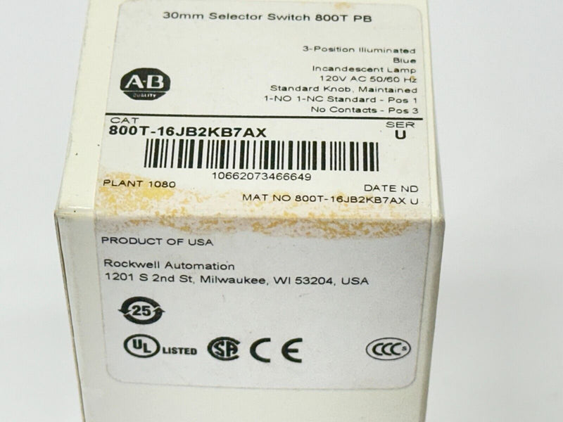 Allen Bradley 800T-16JB2KB7AX Ser U 30mm Selector Switch 800T PB - Maverick Industrial Sales