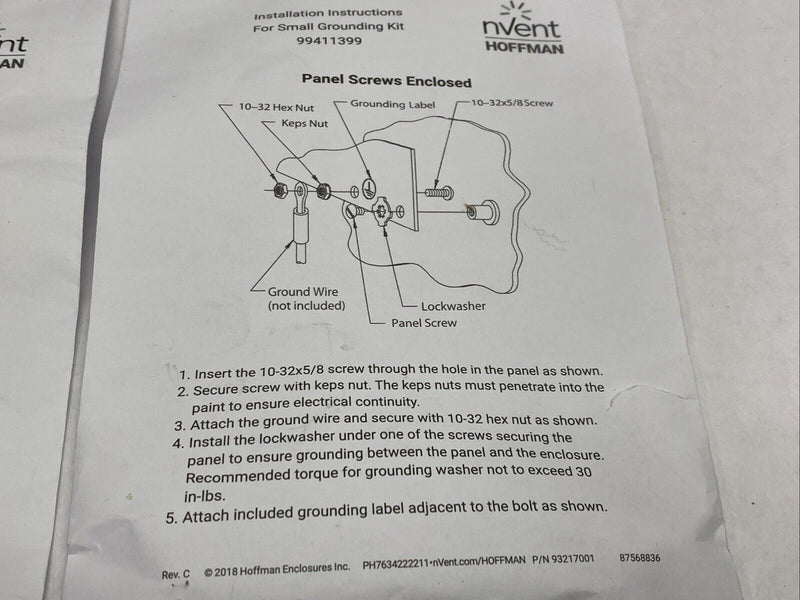 Hoffman 99411399 Installation Instructions Hardware For Grounding Kit LOT OF 2 - Maverick Industrial Sales