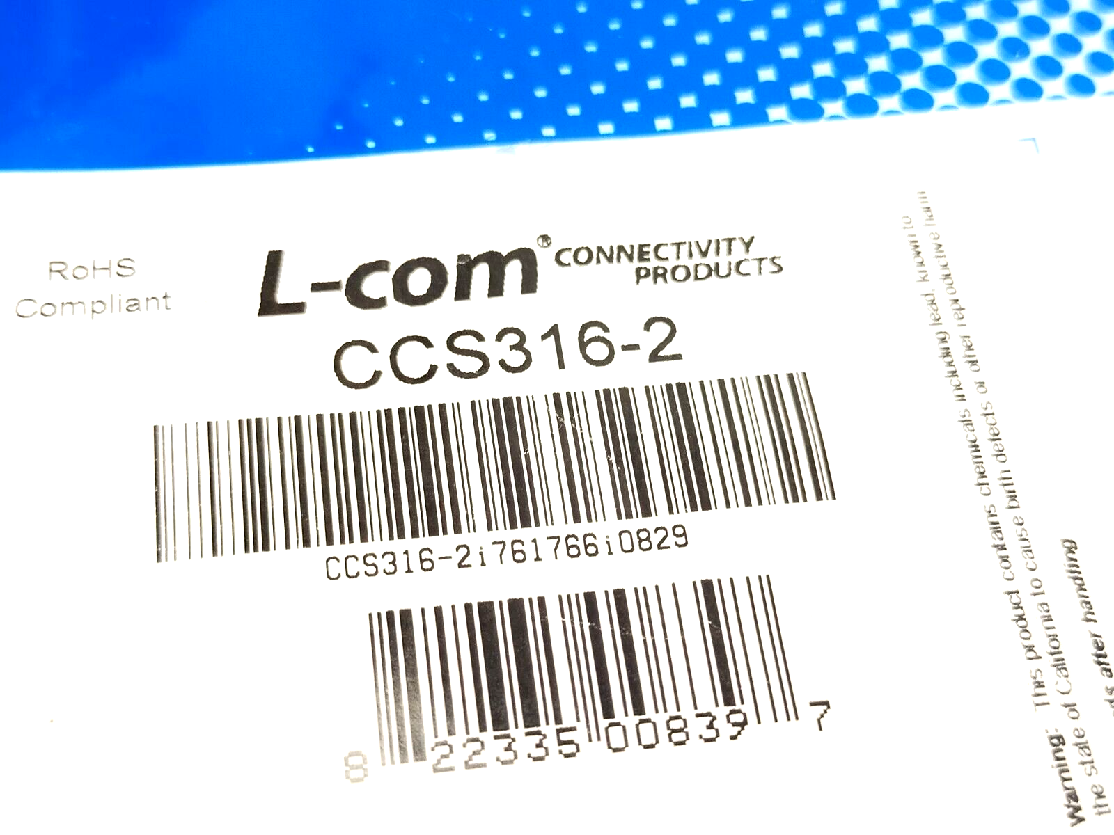 L-Com CCS316-2 RG316 Coaxial Cable, SMA Male To Male, 2FT - Maverick Industrial Sales