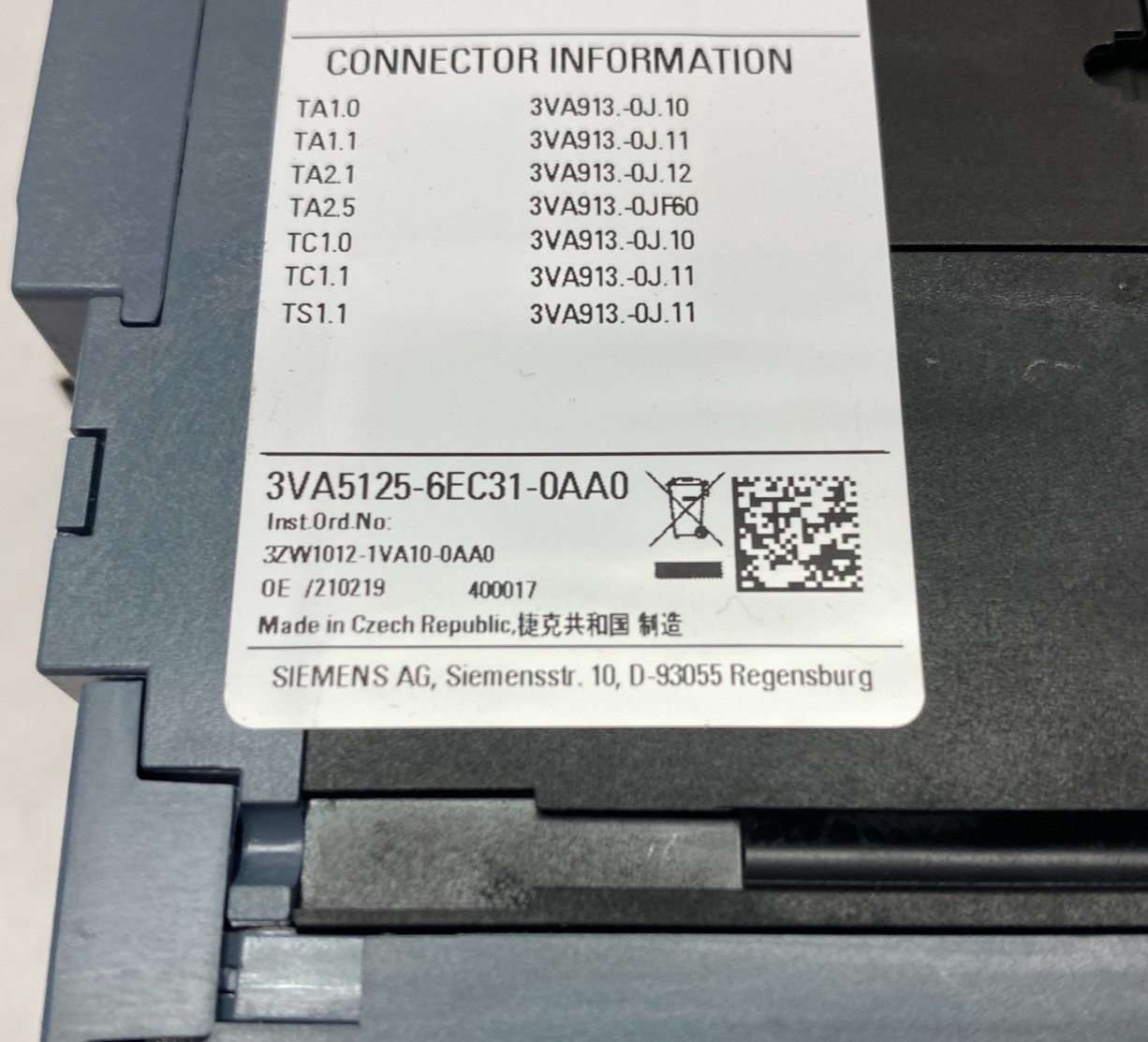 Siemens 3VA5125-6EC31-0AA0 Circuit Breaker 3-Pole, 125 Breaking Cap. - Maverick Industrial Sales