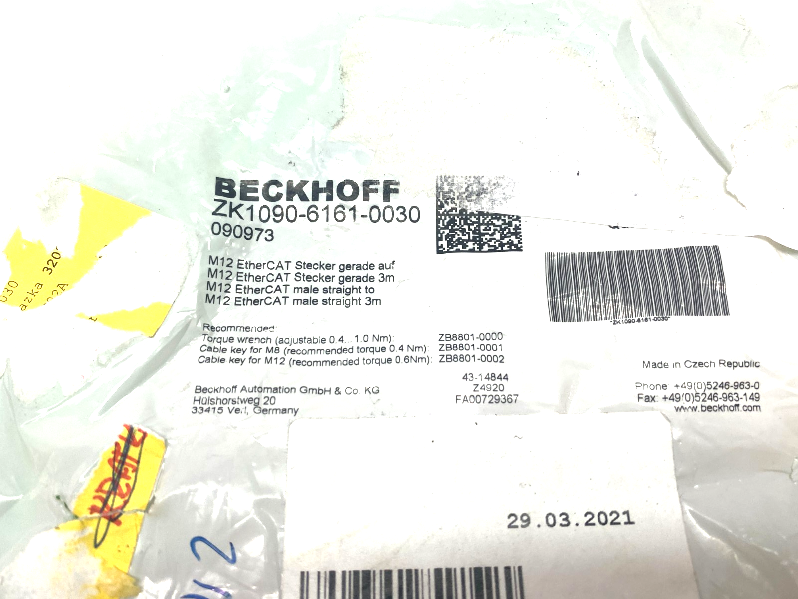 Beckhoff ZK1090-6161-0030 Double Ended EtherCAT Cable M12 4-Pin 3m Length 090973 - Maverick Industrial Sales