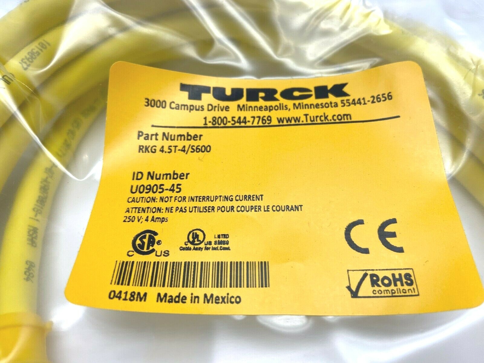 RKG 4.5T-4/S600 U0905-45 | Turck Single Ended Eurofast Molded Cordset - New - Maverick Industrial Sales
