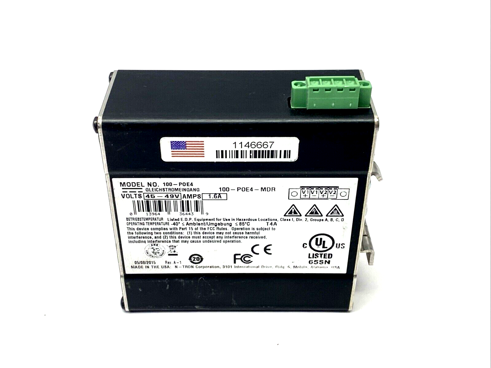 N-TRON 100-POE4 Industrial Ethernet Power Injector 45-49V 4-port 10/100Base-TX - Maverick Industrial Sales