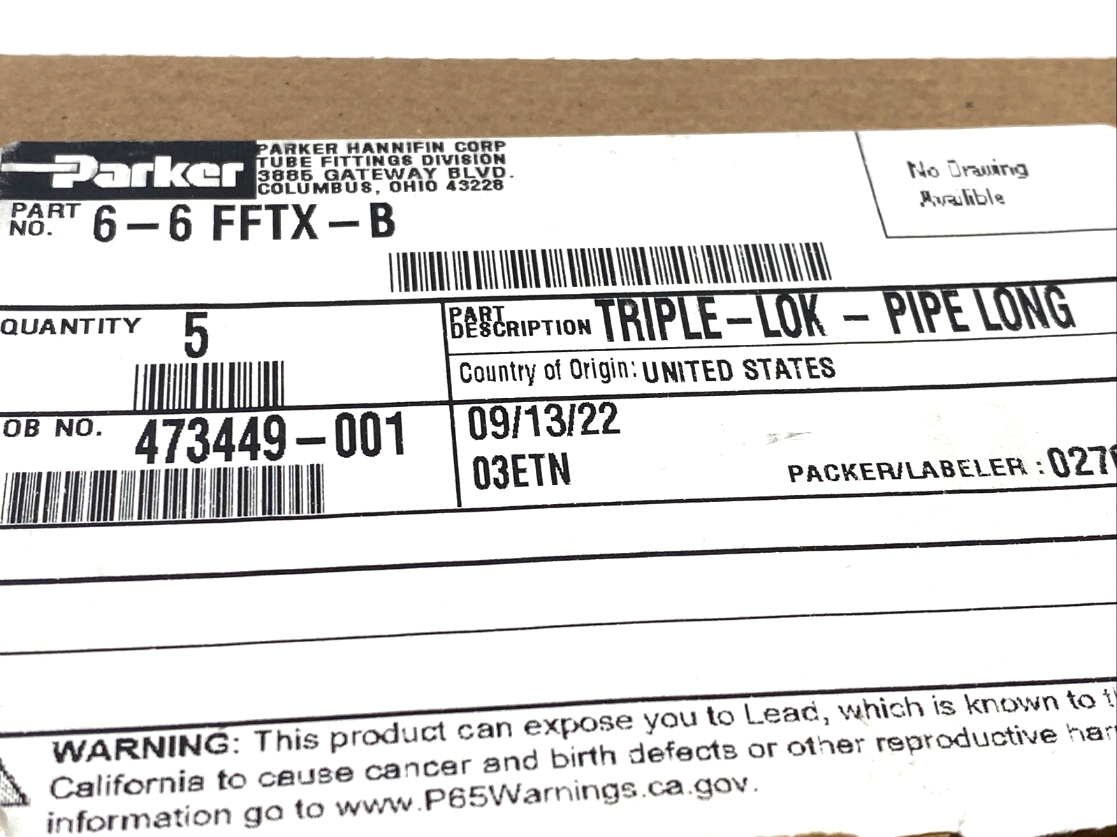 6-6 FFTX-B | Parker Triple-Lok Tube Fitting, Flare JIC 37 Deg. 3/8" NPT, Long 5PK - New – Open box - Maverick Industrial Sales