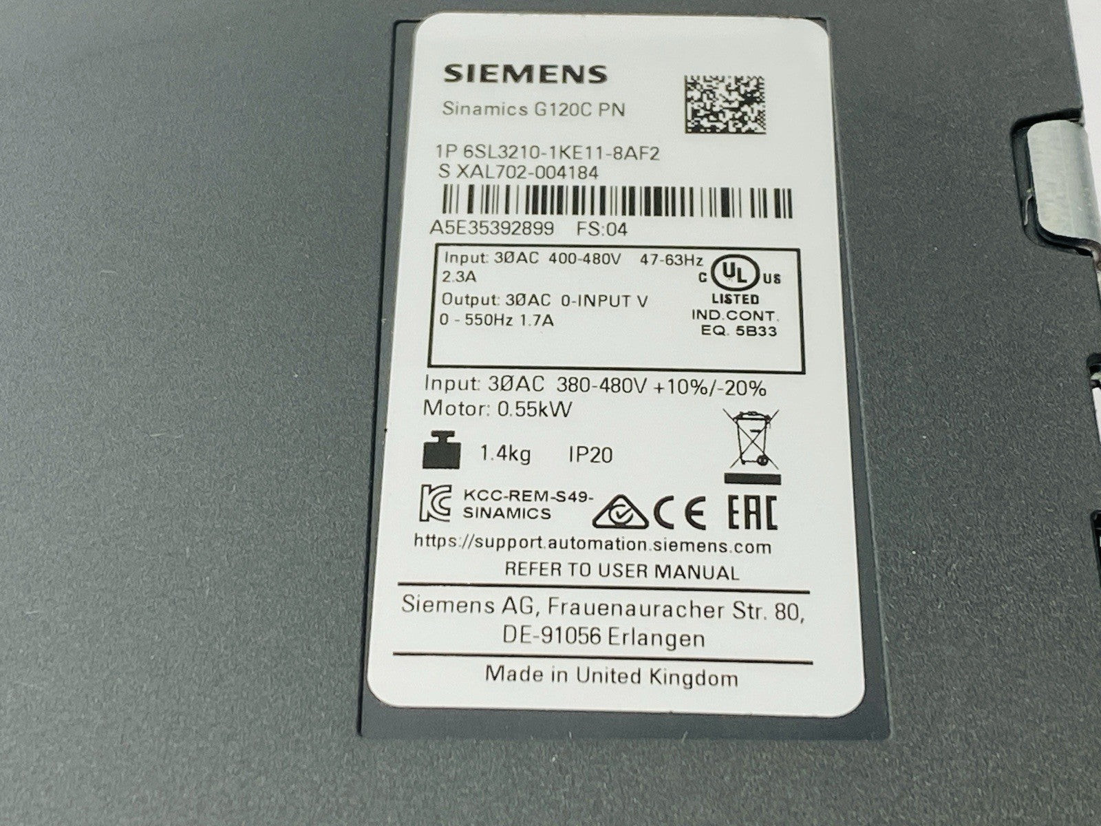 Siemens 6SL3210-1KE11-8AF2 SINAMICS Frequency Converter 0.55kW 0.75HP G120C PN - Maverick Industrial Sales