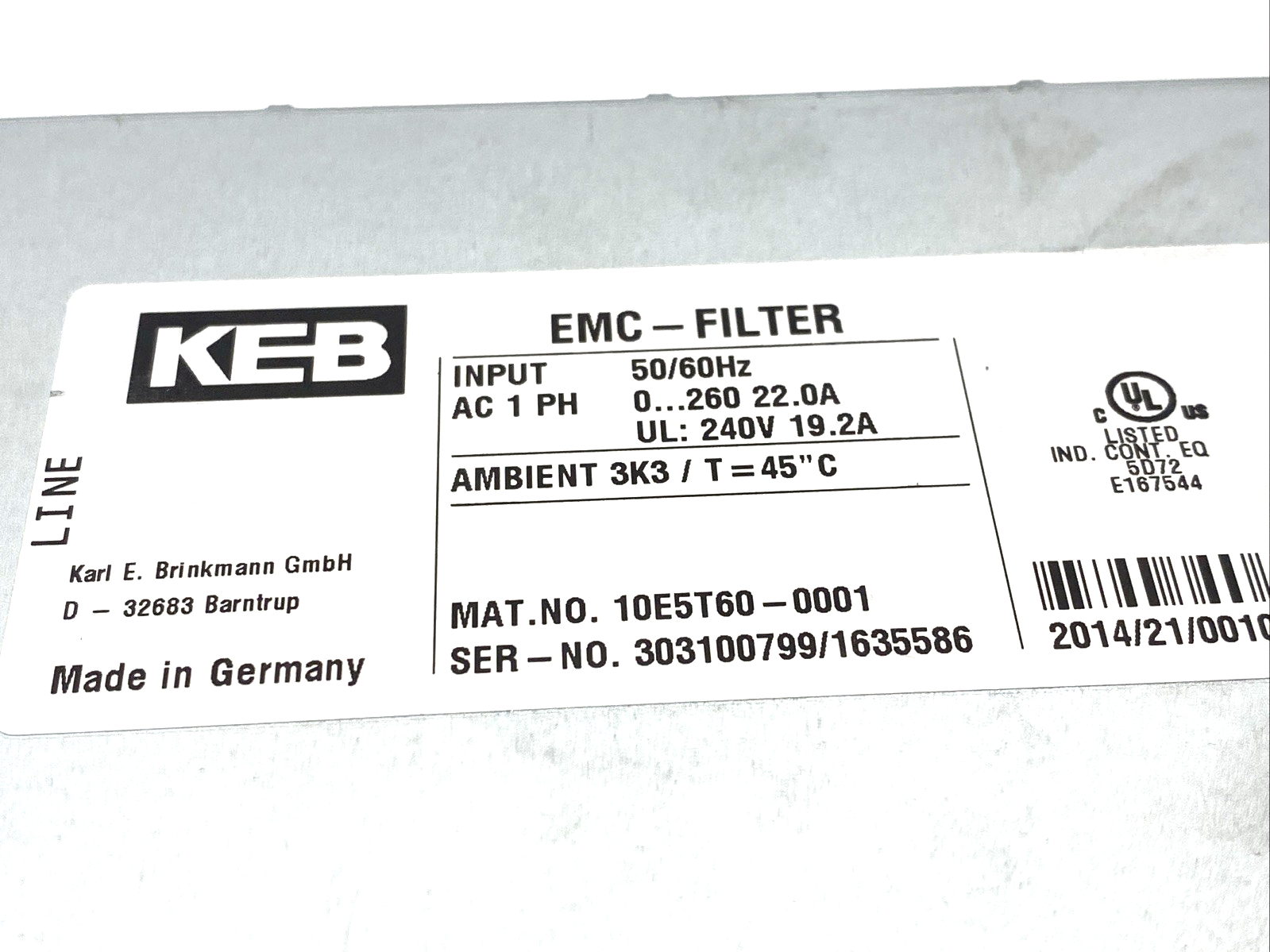 10E5T60-0001 | KEB EMC Filter AC 1PH 240V - Used - Maverick Industrial Sales