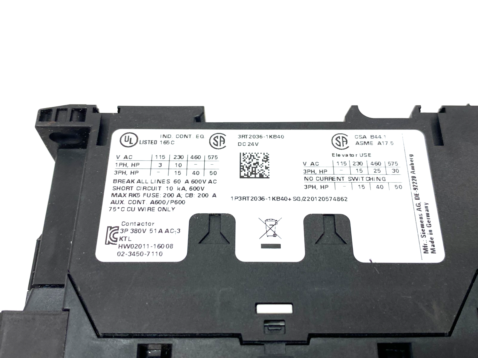Siemens 3RT2036-1KB40 SIRIUS Power Contactor 3-Pole Screw Terms. 400V - Maverick Industrial Sales
