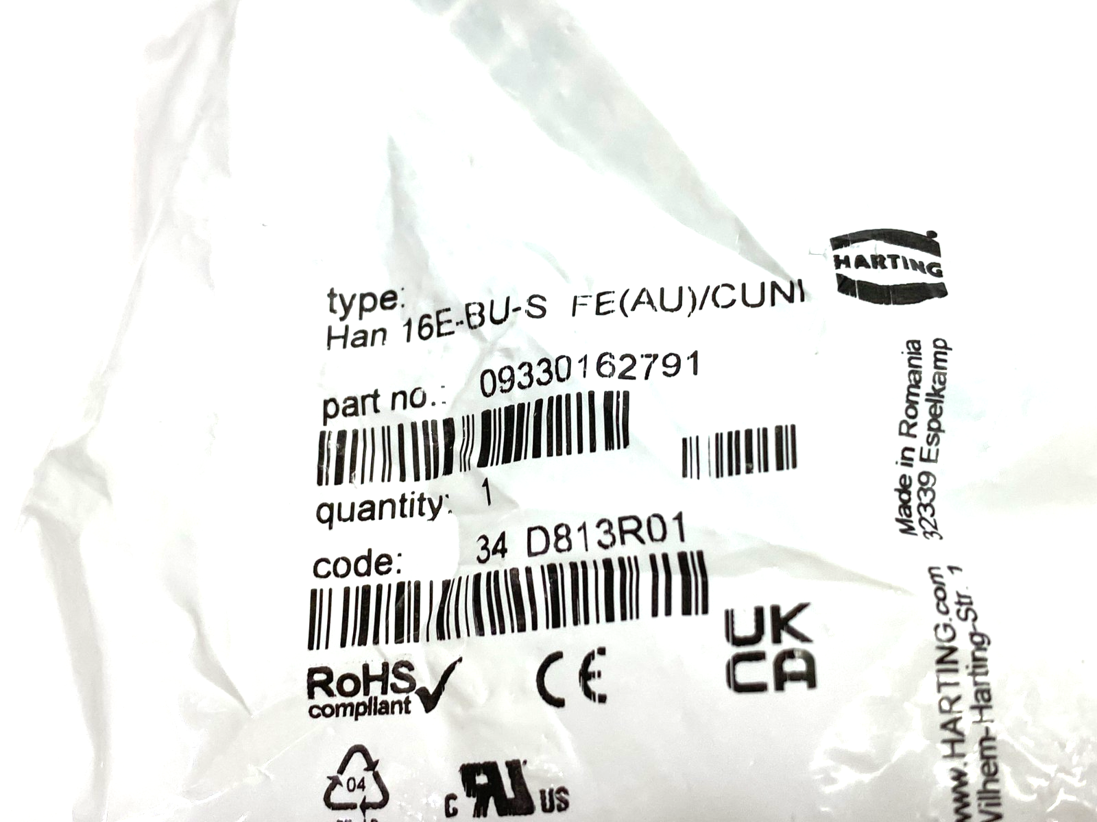 Harting 09330162791 Female Insert Han 16E-F-Screw Fe(Au) / CuNi Type J - Maverick Industrial Sales