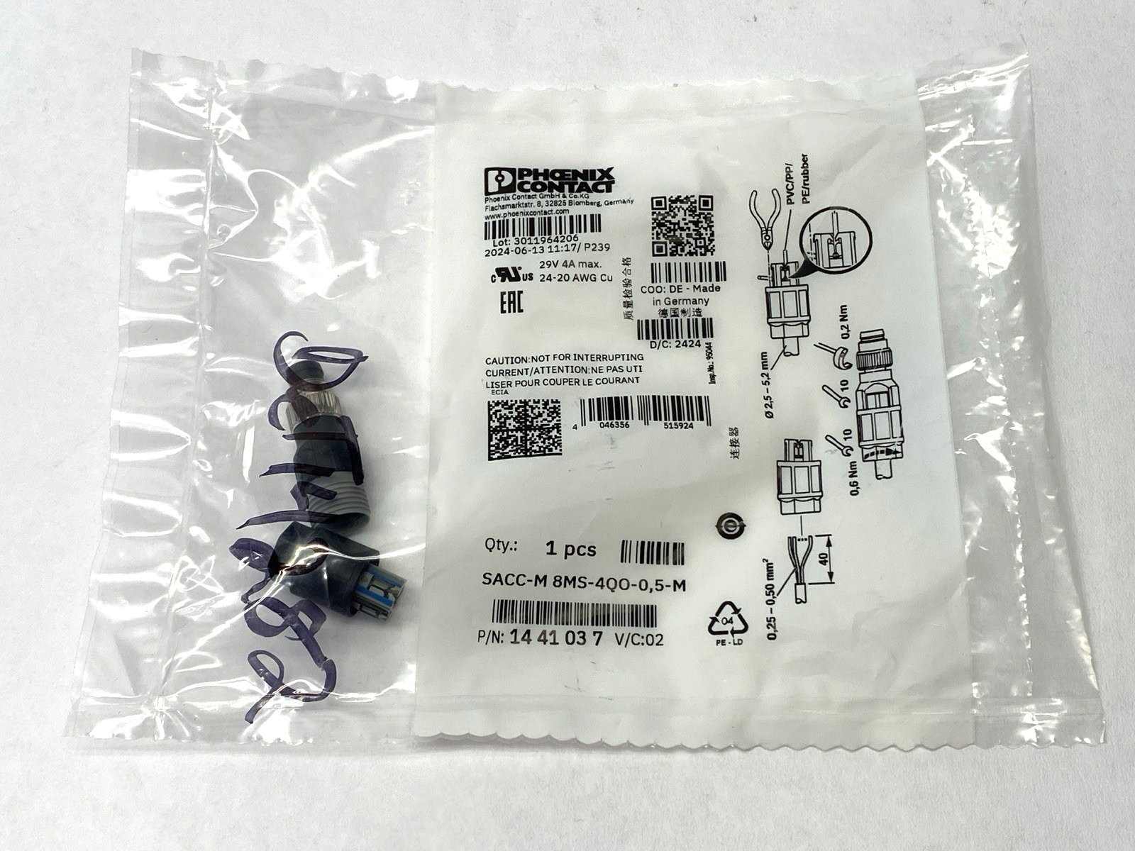 Phoenix Contact SACC-M8MS-4QO-0,5-M Sensor Connector 4-Pin Straight M8 1441037 - Maverick Industrial Sales