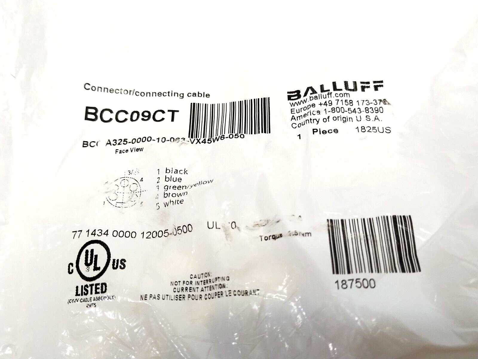 Balluff BCC09CT Cable 7/8" Female Angle 5-Pin 5m BCC A325-0000-10-063-VX45W6-050 - Maverick Industrial Sales