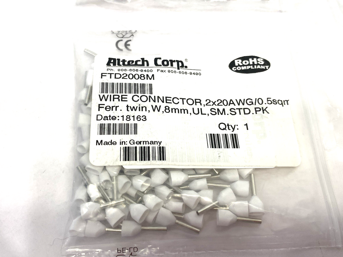 FTD2008M | Altech Insulated Crimp Ferrule 2x20AWG/0.5sqmm 100-PACK, LOT OF 4 - New - Maverick Industrial Sales