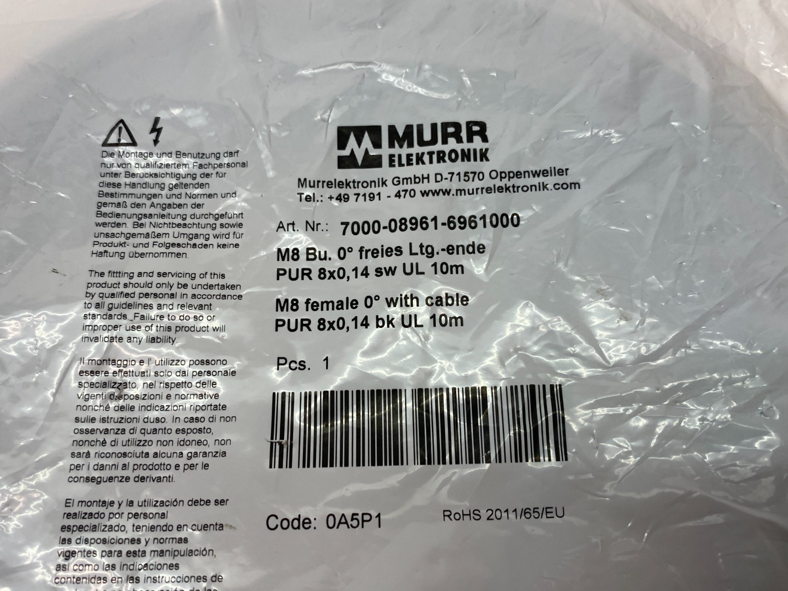 Murrelektronik 7000-08961-6961000 Single Ended 0-Degree Cordset M8 Female 10m - Maverick Industrial Sales