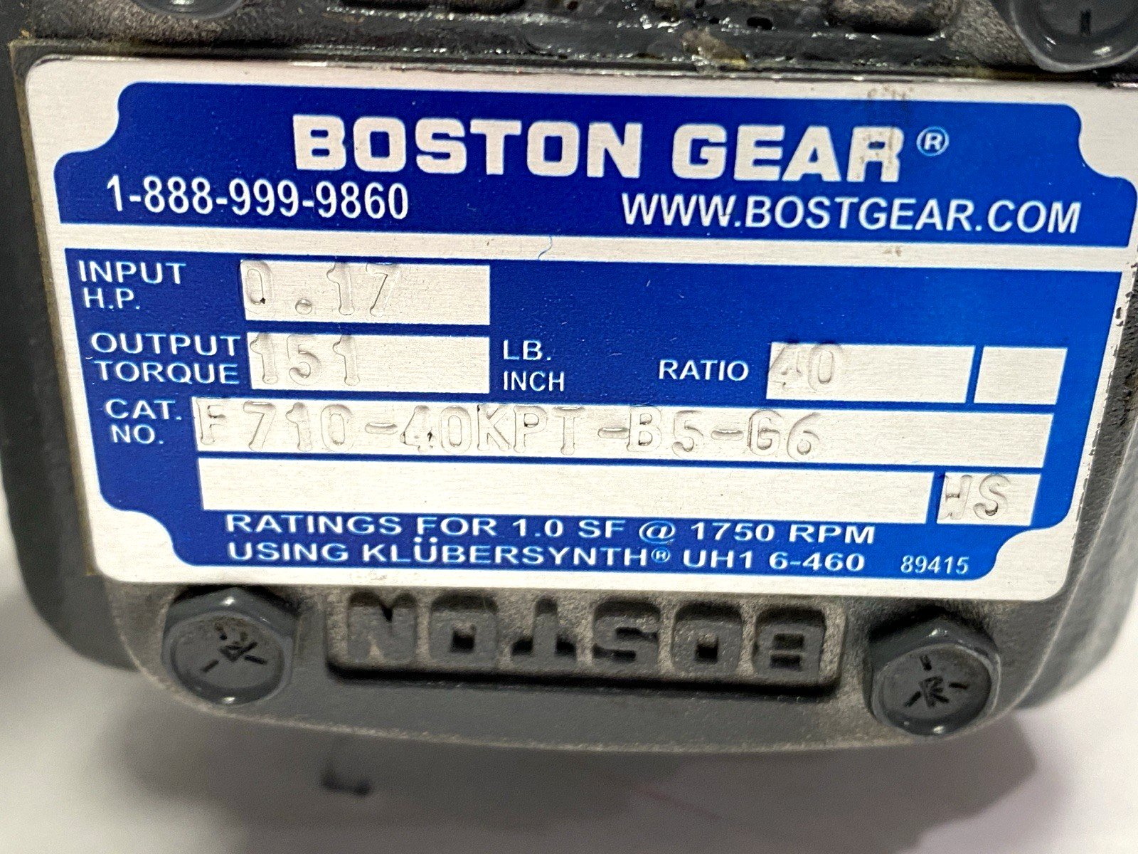 Boston Gear FUTF-1D-B AC Motor 460V 19583 w/ F710-40KPT-B5-G6 Gear Reducer 40:1 - Used - Maverick Industrial Sales