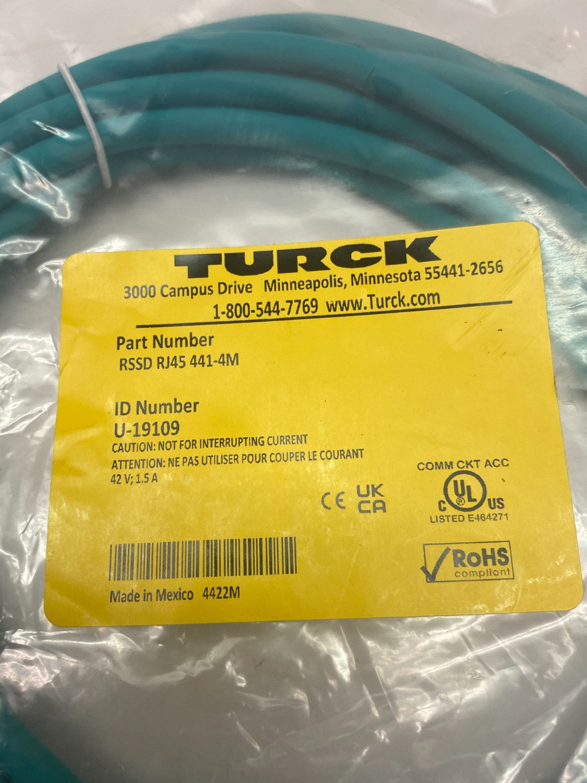 Turck RSSD RJ45 441-4M Double Ended Ethernet Connection Cordset U-19109 - Maverick Industrial Sales